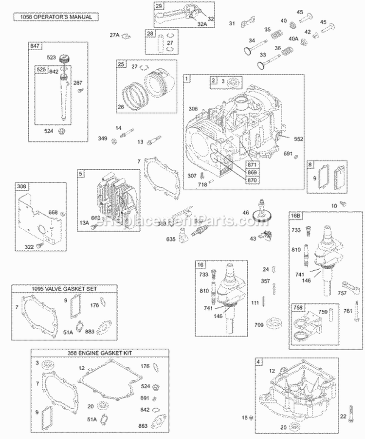 Cylinder PistonRing Crankshaft Gasket Kits Sump Diagram and Parts List for 28B702-0124-01  Briggs and Stratton Engine